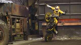 Sportbike Stunt Riding Tricks in a Warehouse