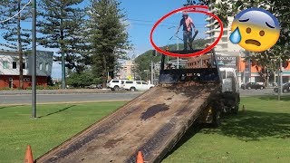 SCOOTER KID JUMPS OF A TRUCK ..