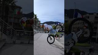 Riding down stairs - backwards - on the front...