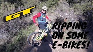Hans Rey rides a technical trail on a ebike