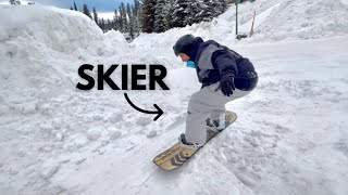Skier Thinks he can Backflip a Snowboard…