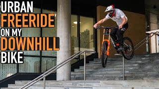 URBAN FREERIDE ON MY DOWNHILL BIKE// STAIR...